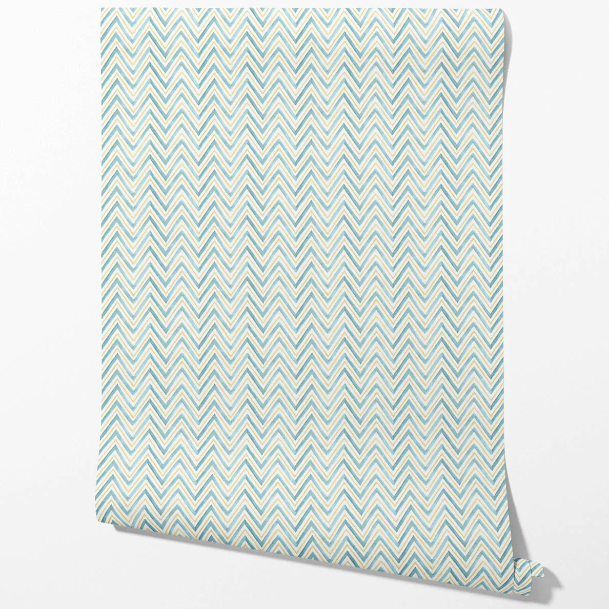 'Winter Morning' Geometric Zigzag/ Chevron Wallpaper by the Metre (Blue/ Yellow)