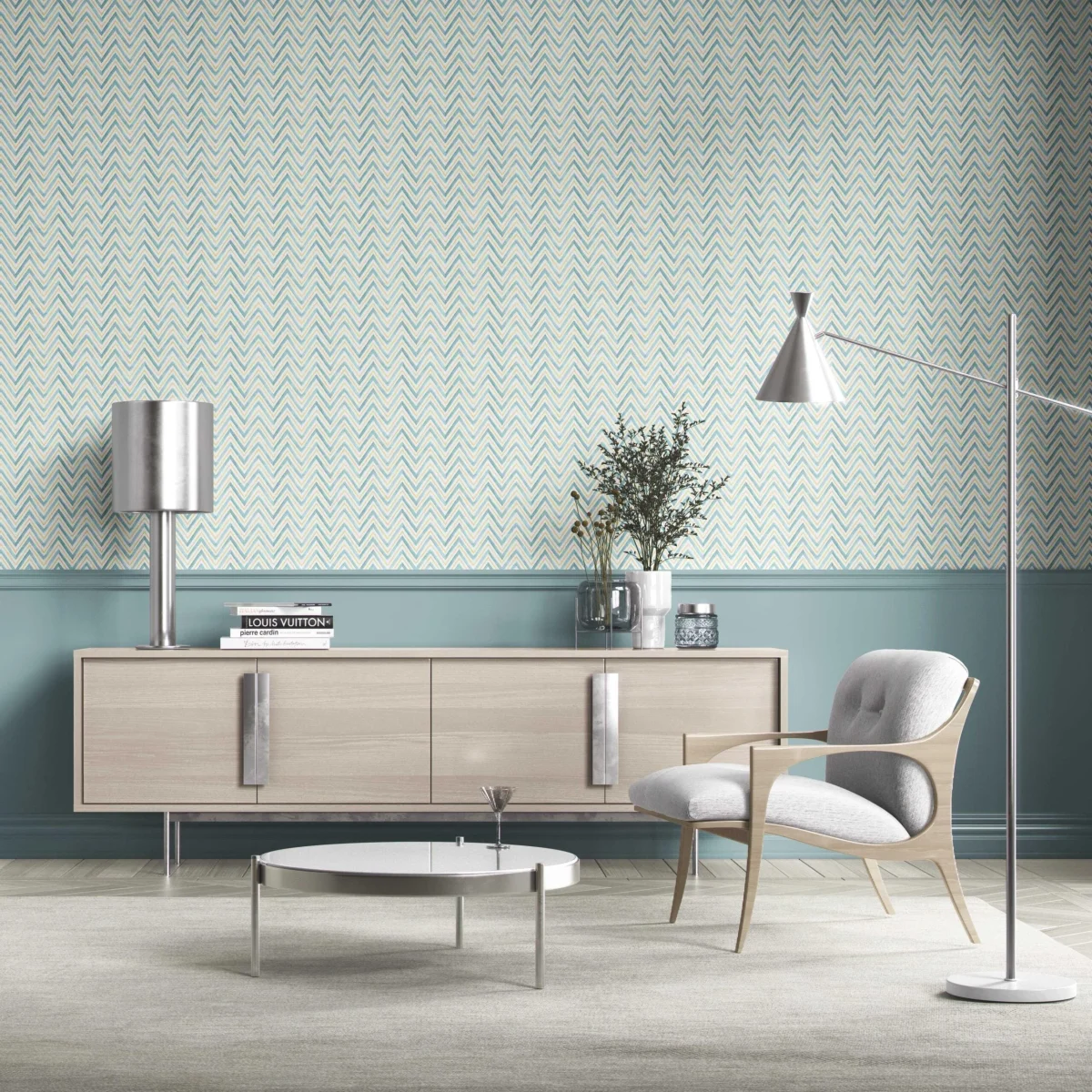 'Winter Morning' Geometric Zigzag/ Chevron Wallpaper by the Metre (Blue/ Yellow) - Image 4