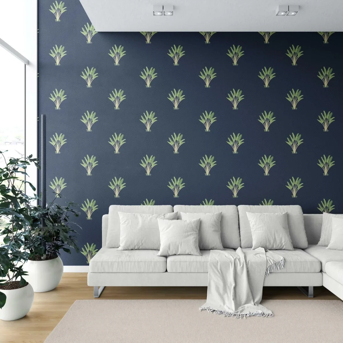 'Myra Springs' Botanical/ Floral Block Print Wallpaper by the Metre (Midnight Blue/ Green) - Image 7