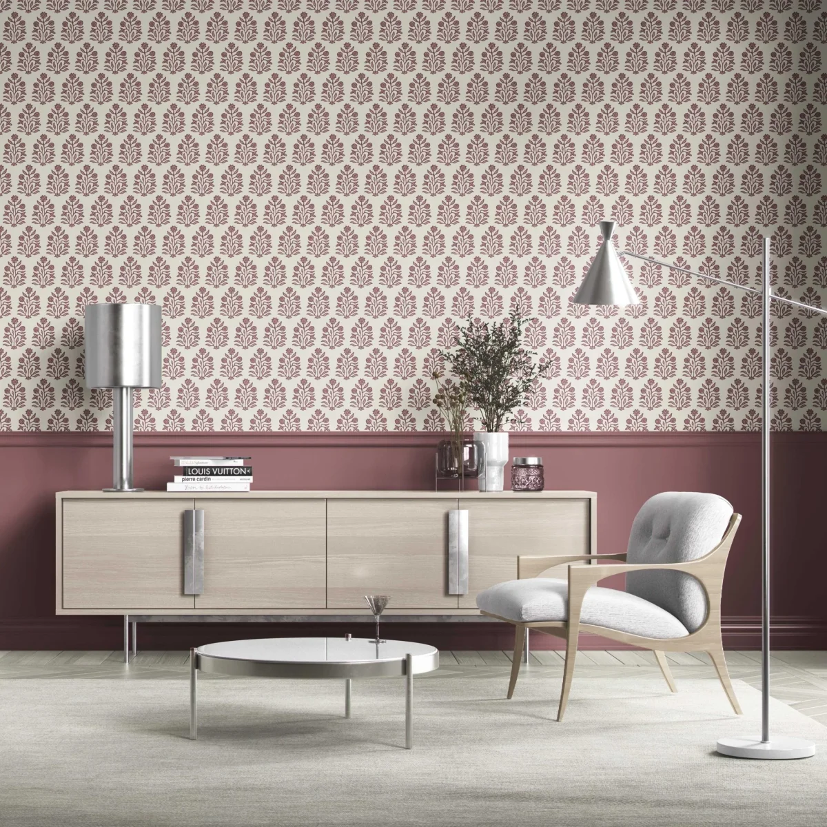 'Berger' Vintage-Inspired Floral Block Print Wallpaper by the Metre (Deep Pink/ Cream) - Image 3